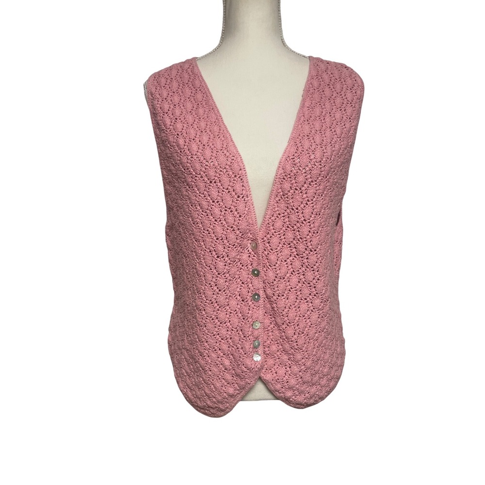 Vintage Cotton Forever Pink Crochet Button Up Sweater Vest Women's Medium